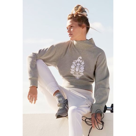 Free People Gray Sweatshirt with White Floral Design - Picture 1 of 6